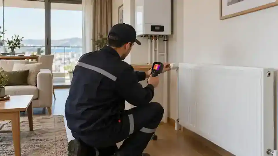 Gebze'de kombi çalışırken ısınmayan peteği kontrol eden teknik servis uzmanı